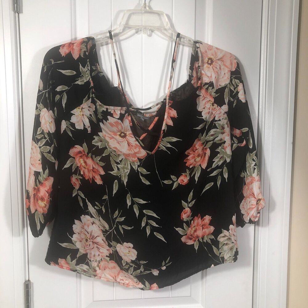 Charlotte Russe Womens Y2K Top Black‎ Large Sheer Floral Boho Grunge Whimsigoth